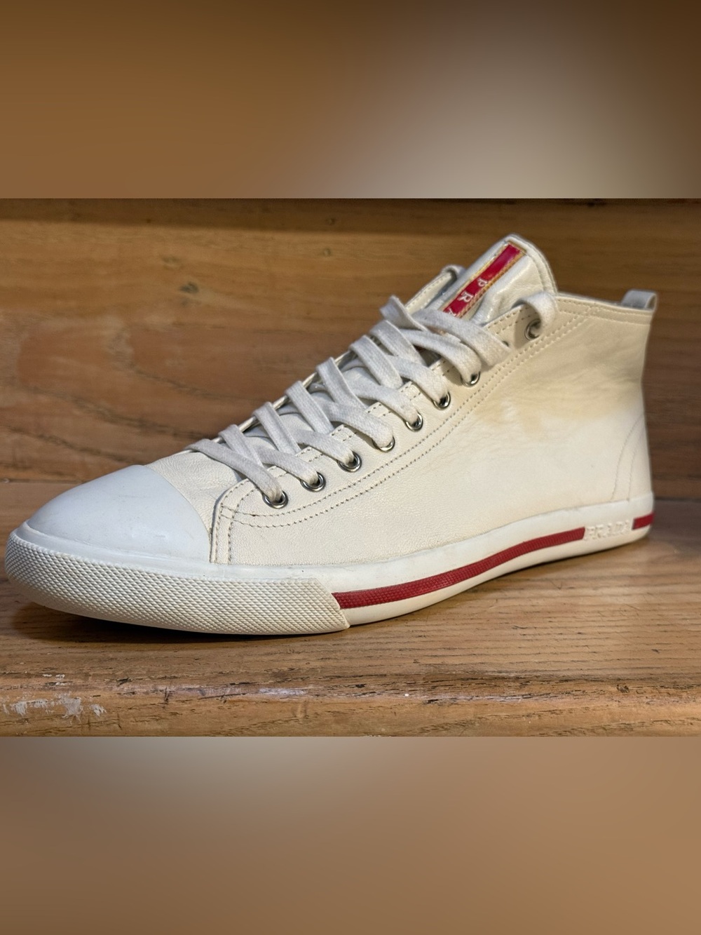 Prada Men’s Linea Rossa Red Tab Leather Mid-top Sneakers (Off-white, 10US) - Picture 5 of 15
